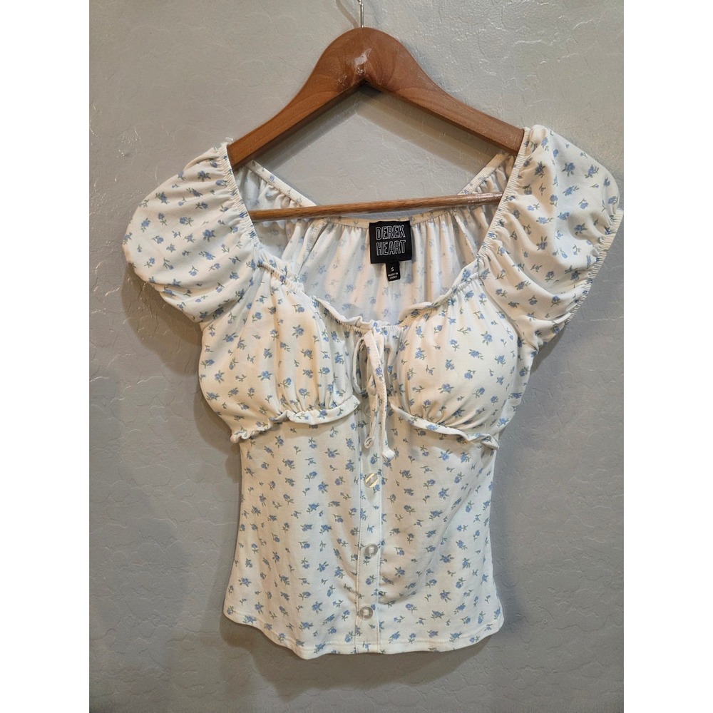 Derek Heart Blue Floral Milkmaid Top Y2K Puff Sleeve Tie Front Sweetheart Small